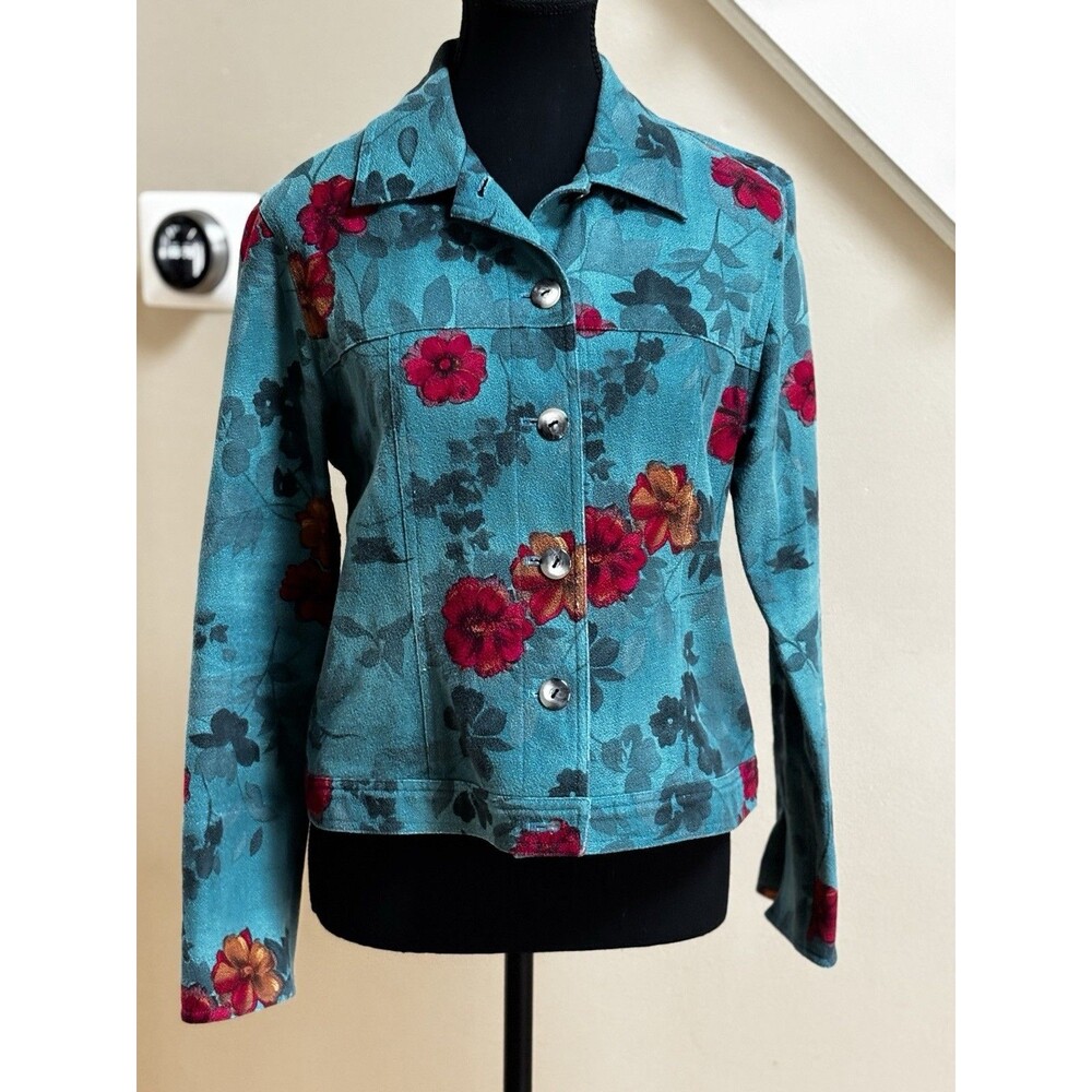 Women’s Coldwater Creek Button Up Jacket Teal Floral Cotton